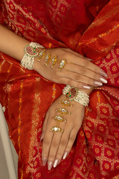 Gold Finish Kundan Polki & White Beaded Zavira Haathphool