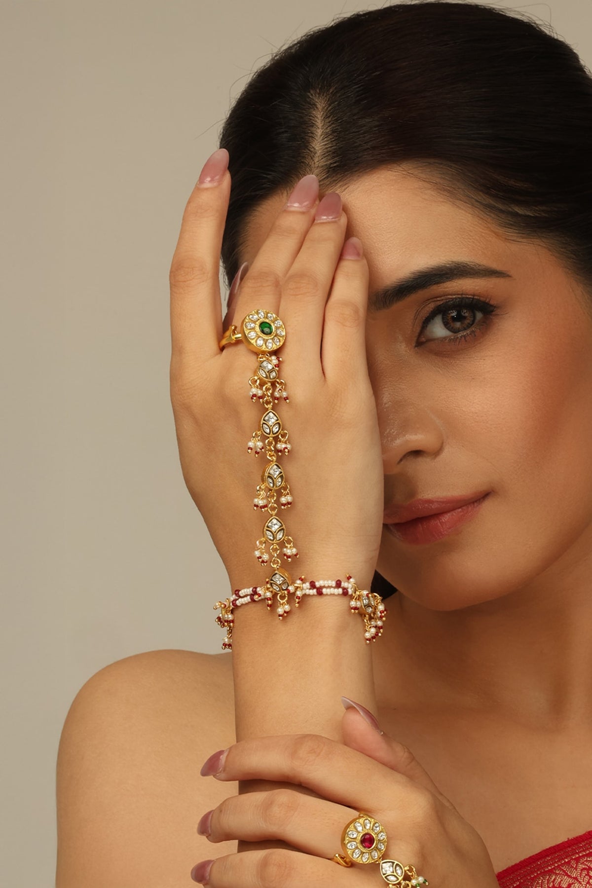 Gold Finish Kundan Polki & White Beaded Mehira Haathphool