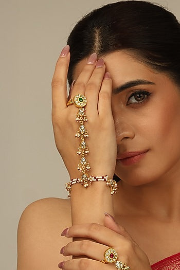 Gold Finish Kundan Polki & White Beaded Mehira Haathphool