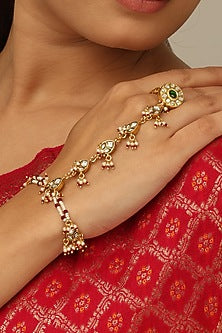 Gold Finish Kundan Polki & White Beaded Mehira Haathphool