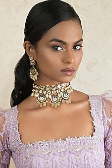 Gold Finish Shell Pearl & Beaded Necklace Set