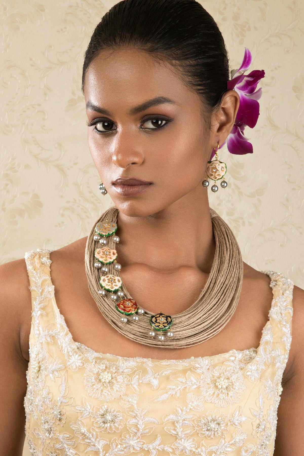 Gold Finish Choker Necklace Set With Shell Pearls