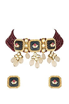 Gold Finish Bead & Jade Necklace Set