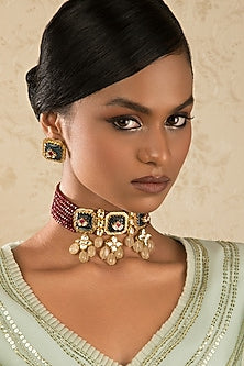 Gold Finish Bead & Jade Necklace Set