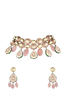 Gold Finish Rose Quartz Drop Necklace Set
