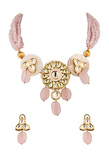 Gold Finish Rose Quartz & Kundan Necklace Set