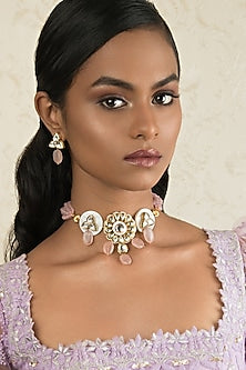 Gold Finish Rose Quartz & Kundan Necklace Set