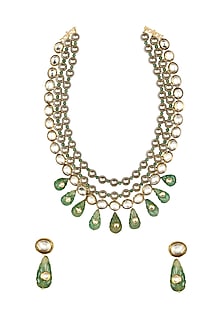 Gold Finish Jade & Shell Pearl Necklace Set