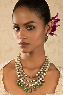 Gold Finish Jade & Shell Pearl Necklace Set