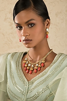 Gold Finish Coral Beaded Necklace Set