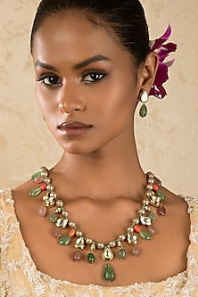 Gold Finish Agate & Coral Choker Necklace Set