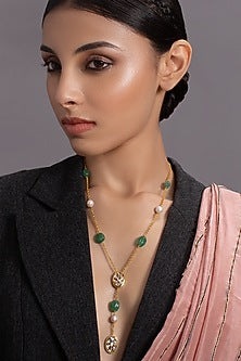 Gold Finish White Pearls Long Necklace