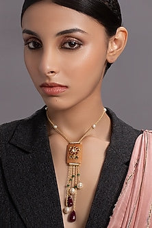 Gold Finish White Shell Pearls Long Necklace