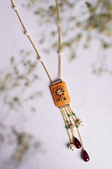 Gold Finish White Shell Pearls Long Necklace