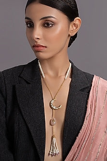 Gold Finish Long Necklace With Gold Kundan Polki