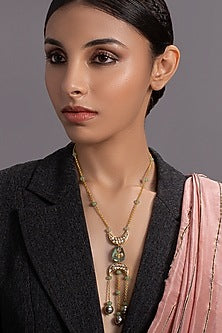 Gold Finish Long Necklace With Shell Pearls