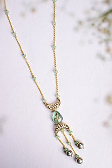 Gold Finish Long Necklace With Shell Pearls