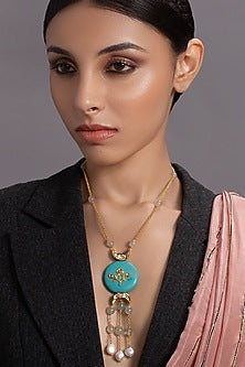 Gold Finish Turquoise Stone Long Necklace