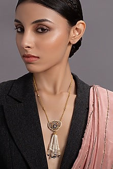 Gold Finish Blue Swarovski Stone Long Necklace