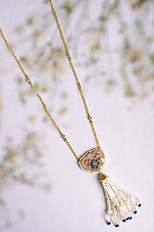 Gold Finish Blue Swarovski Stone Long Necklace