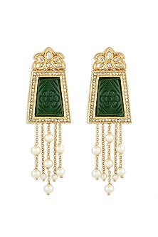 Gold Finish Carved Green Stone Dangler Earrings