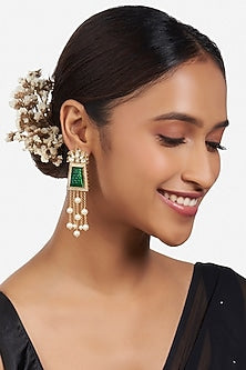 Gold Finish Carved Green Stone Dangler Earrings