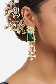 Gold Finish Carved Green Stone Dangler Earrings