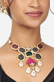 Gold Finish Kundan Polki & Agate Stones Necklace Set