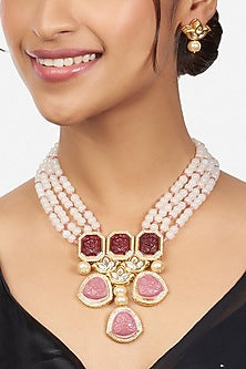 Gold Finish Beads & Agate Stone Necklace Set