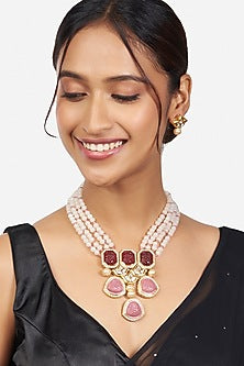 Gold Finish Beads & Agate Stone Necklace Set