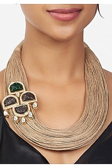 Gold Finish Jute Threaded & Agate Necklace