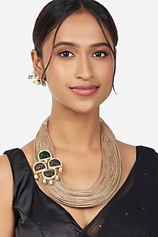 Gold Finish Jute Threaded & Agate Necklace