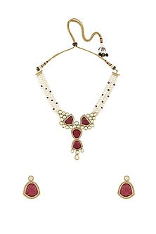 Gold Finish Pearls & Kundan Polki Necklace Set