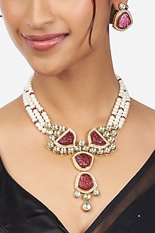 Gold Finish Pearls & Kundan Polki Necklace Set