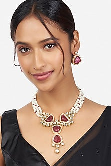 Gold Finish Pearls & Kundan Polki Necklace Set