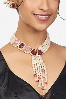 Gold Finish Beads & Pearls Necklace Set
