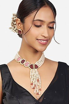 Gold Finish Beads & Pearls Necklace Set