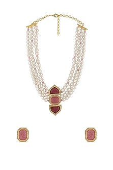 Gold Finish Necklace Set With Pink & Red Stones