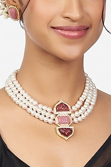 Gold Finish Necklace Set With Pink & Red Stones
