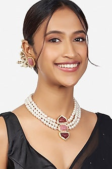 Gold Finish Necklace Set With Pink & Red Stones