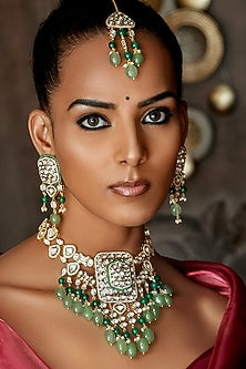 Gold Plated Hydro Polki & Agate Beaded Necklace Set