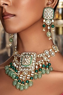 Gold Plated Hydro Polki & Agate Beaded Necklace Set