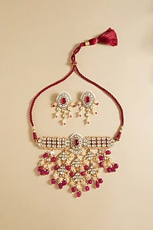 Gold Plated Hydro Polki & Red Onyx Necklace Set