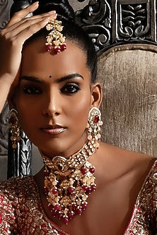 Gold Plated Hydro Polki & Red Onyx Necklace Set