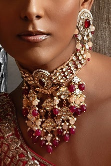 Gold Plated Hydro Polki & Red Onyx Necklace Set
