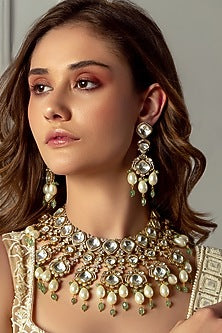 Gold Plated Hydro Polki & Quartz Beaded Necklace Set