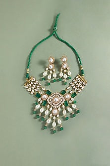 Gold Plated Hydro Polki & Green Jade Necklace Set
