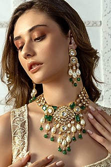 Gold Plated Hydro Polki & Green Jade Necklace Set