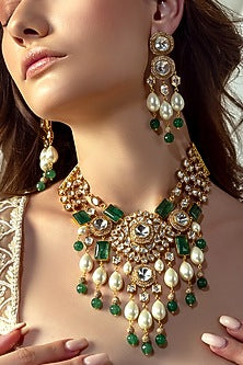 Gold Plated Hydro Polki & Green Jade Necklace Set