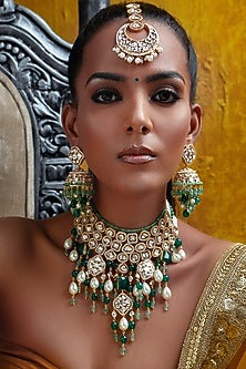 Gold Plated Hydro Polki & Jade Necklace Set